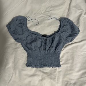 Blue Puff Sleeves Embroidered Crop Top